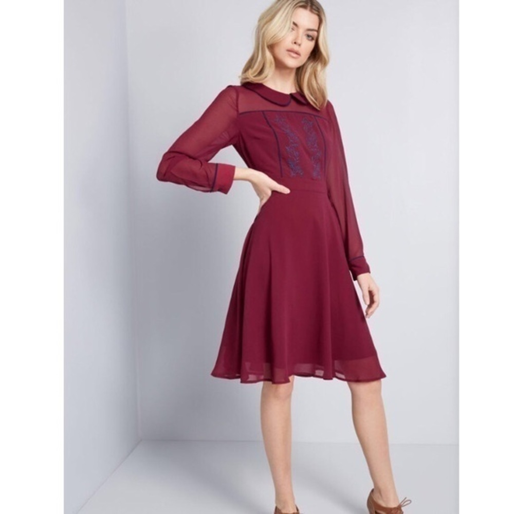 NWOT ModCloth Pretty Performative Collared A Line Burgundy Dress New
